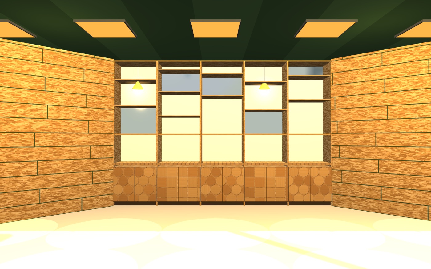 The back cabinet between the two corner closets: oak pieces on the doors, oak squares on the top, mirrors above