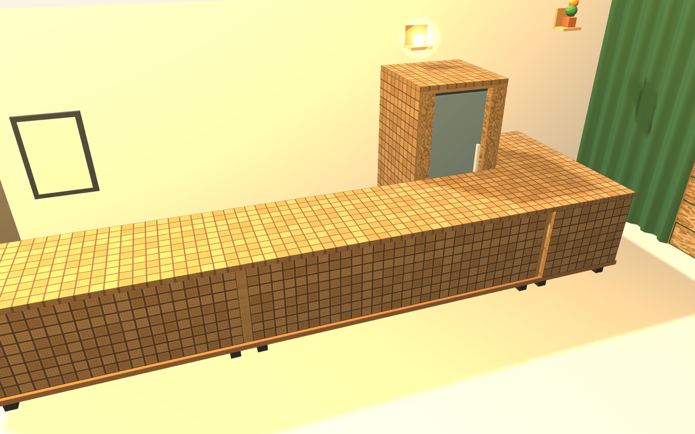 The bar: three carts in OSB that join into one table, and the tall fridge housing