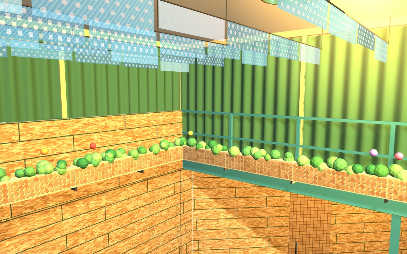 The deck edge: the planters on their consoles, the green curtains up to the ceiling