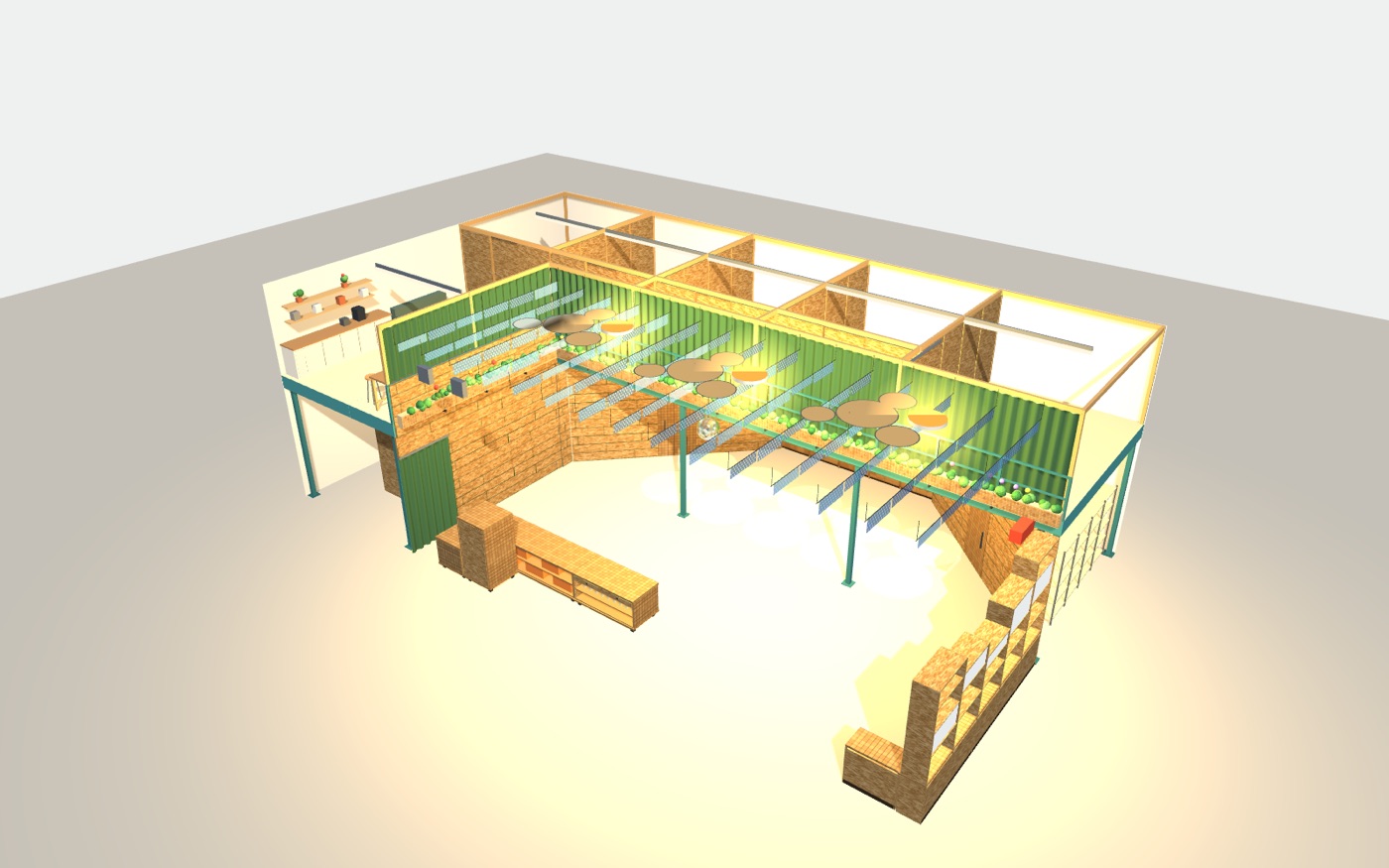 The whole hall: four studios and the community kitchen on the deck, the sky ceiling, downstairs the OSB cabinets and the bar