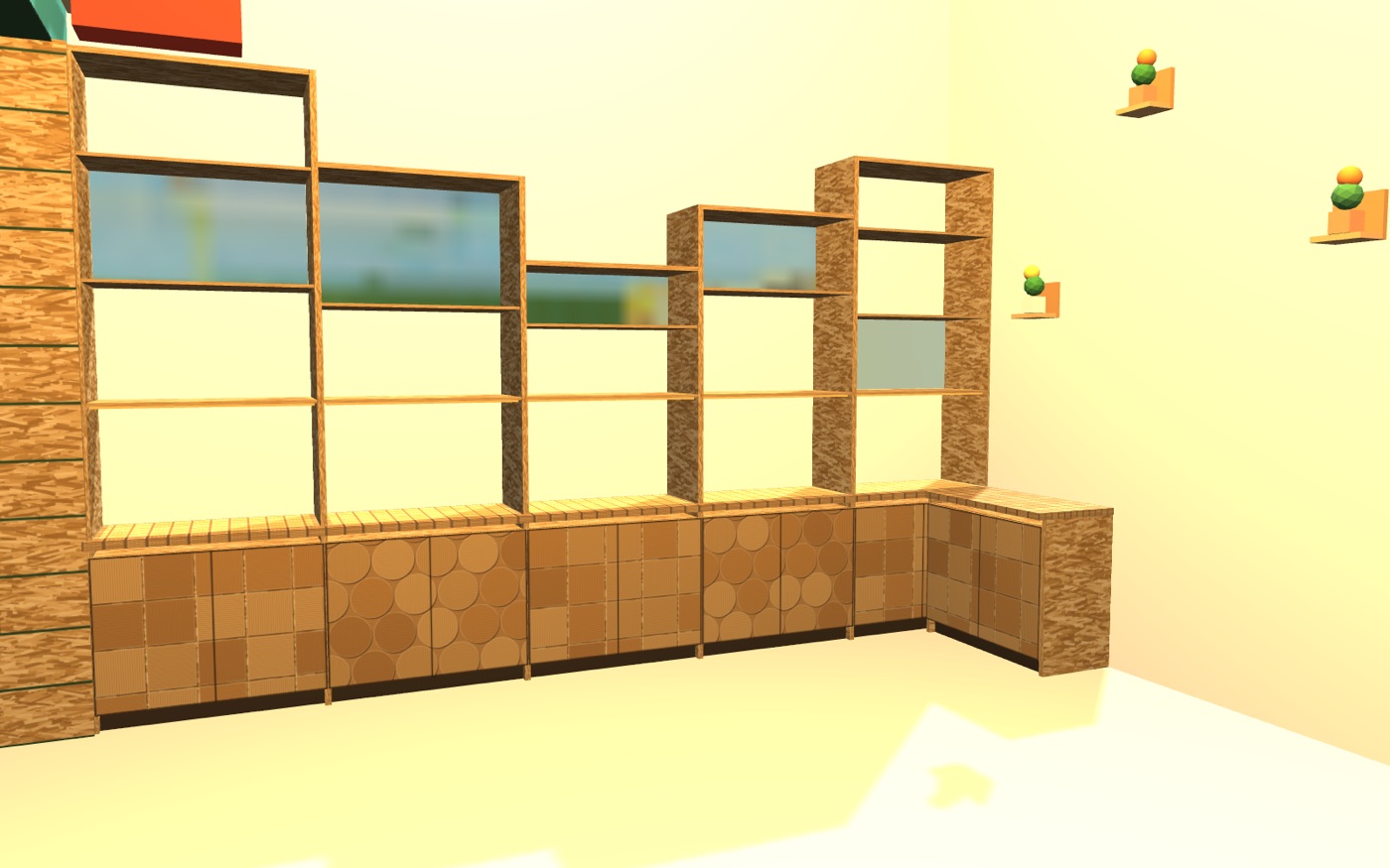 The side cabinet with stepped tops; it turns the corner with a low counter