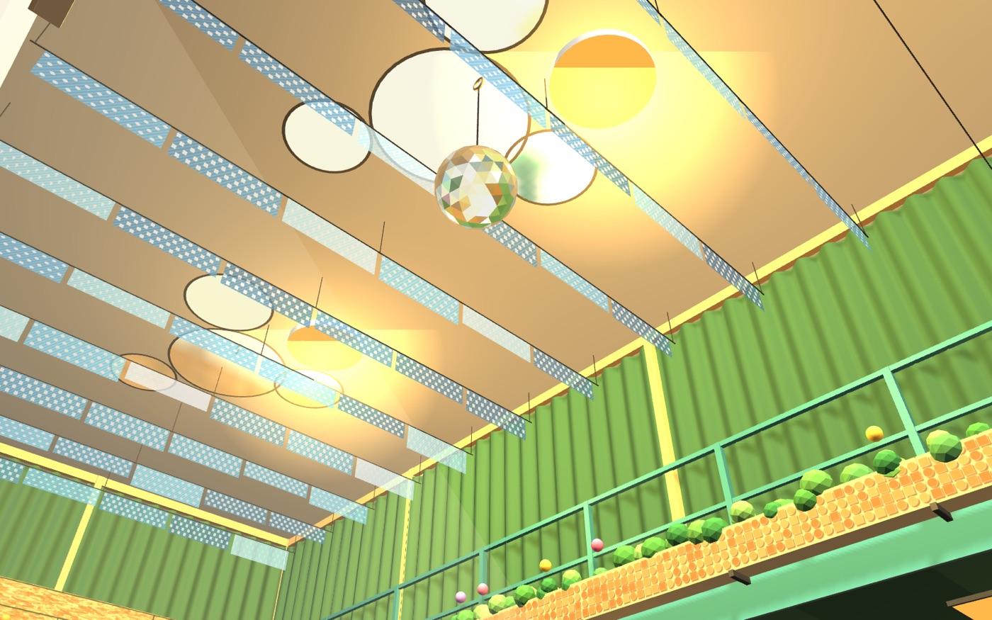 Under the sky ceiling: fabrics on lines, mirror clouds with round lamps, a disco ball