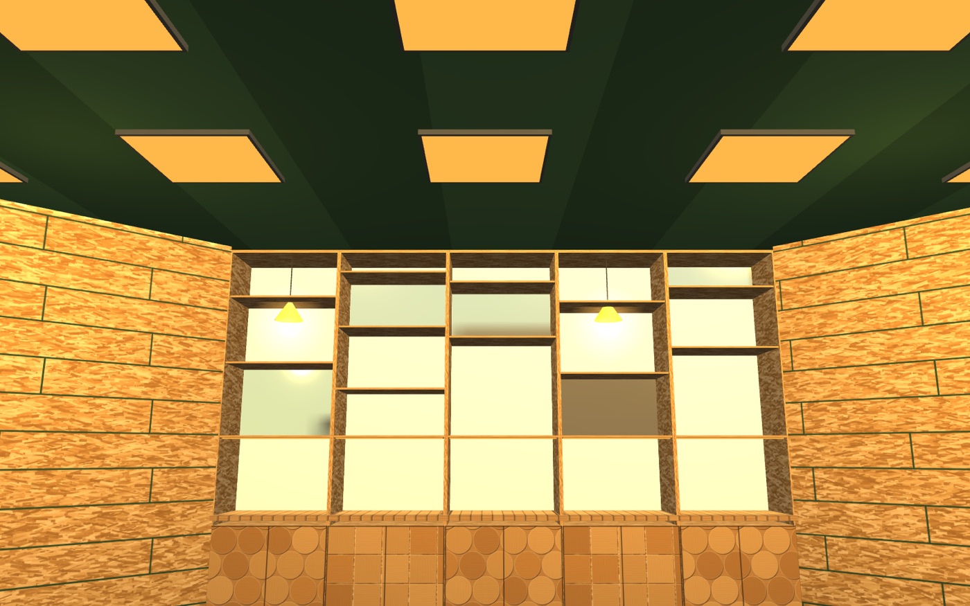 Under the deck: the green ceiling with its LED panels over the back cabinet